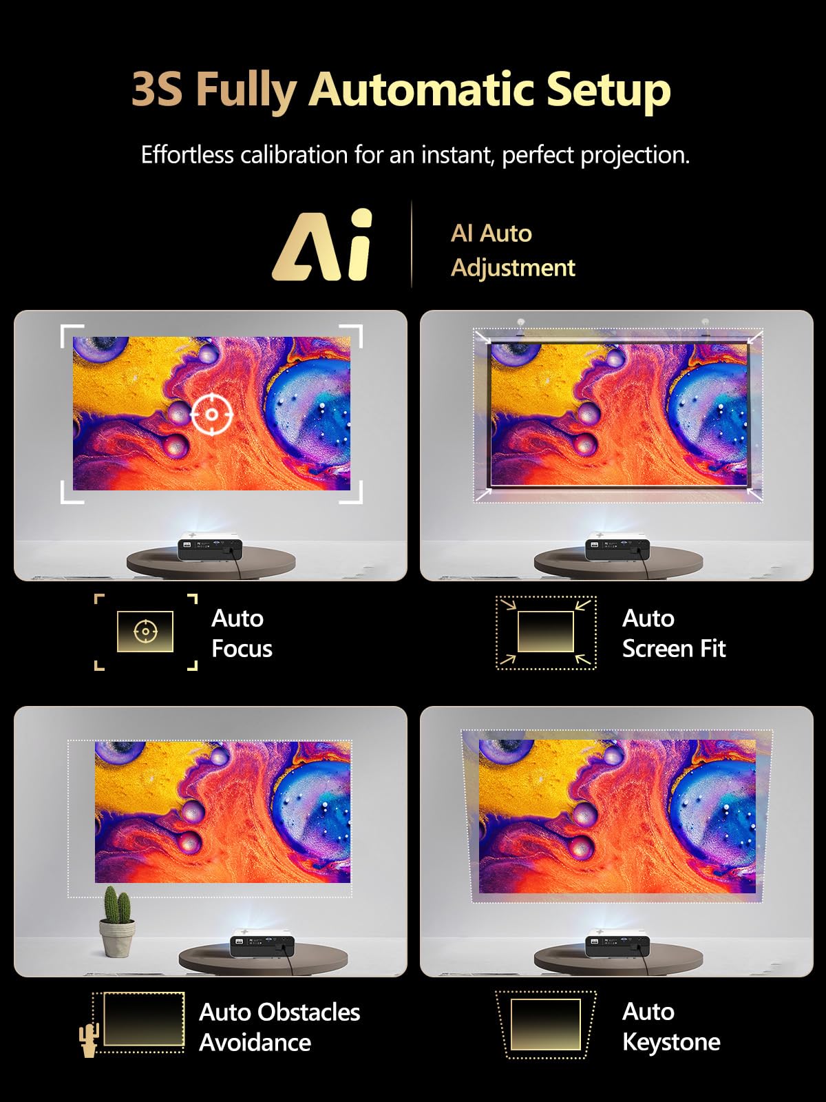 CAIWEI A12AB Smart 4K Daytime Projector with Apps,1700 ANSI Auto Focus Home Theater Projector with WiFi Bluetooth,300" Display HDR Native 1080P LED Android Projectors for TV Outdoor Movie Gaming Ceiling HDMI USB