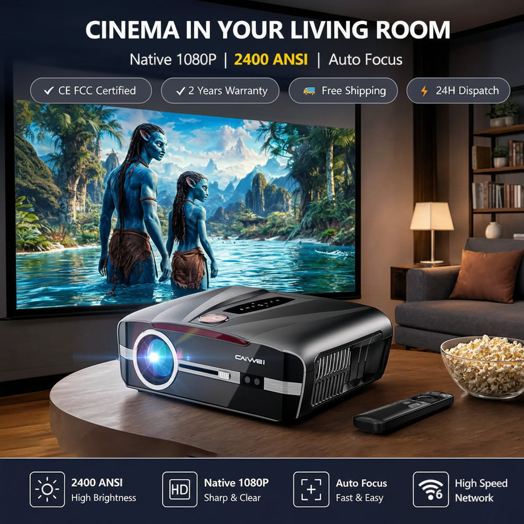 CAIWEI A9T Karaoke Daytime Projector 2400 ANSI 4K Smart Daylight Projector with ToF+CMOS Laser Autofocus, Shorter Throw, HDMI ARC, Android TV Dual Mircophone NFC for Bright Room Home Theater Business