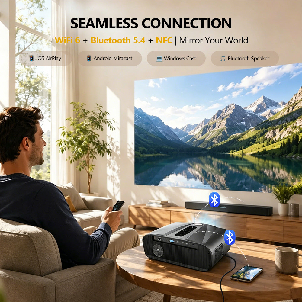CAIWEI A9T Karaoke Daytime Projector 2400 ANSI 4K Smart Daylight Projector with ToF+CMOS Laser Autofocus, Shorter Throw, HDMI ARC, Android TV Dual Mircophone NFC for Bright Room Home Theater Business