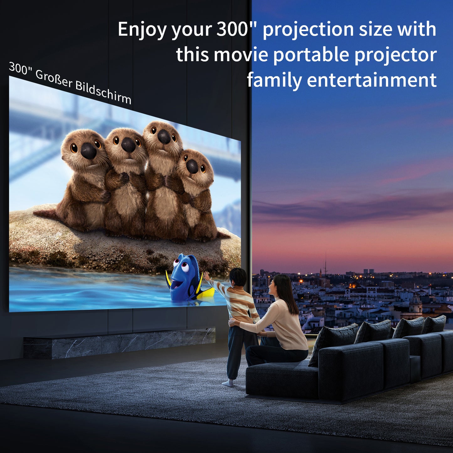 AUTO Focus 4K Projector Daytime Viewing, 1200 ANSI Outdoor Projector 300” Screen, Android TV Projector with WiFi 6 and Bluetooth, Auto Keystone Projector Outdoor, For TV Stick/iOS/Android/PC/HDMI/PPT