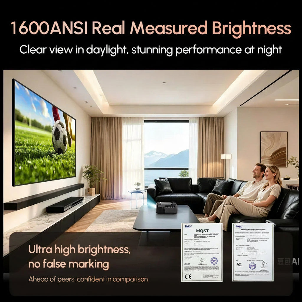 D6F Native 1080P Projector with 4K Support, 1600 ANSI Lumens Smart Projector with AI Auto Focus & Keystone, WiFi 6 & Bluetooth 5.4, Dolby Audio, Ultra-Low Latency Gaming, EyeCare 2.0 — Ideal for Home Theater & Outdoor Movies