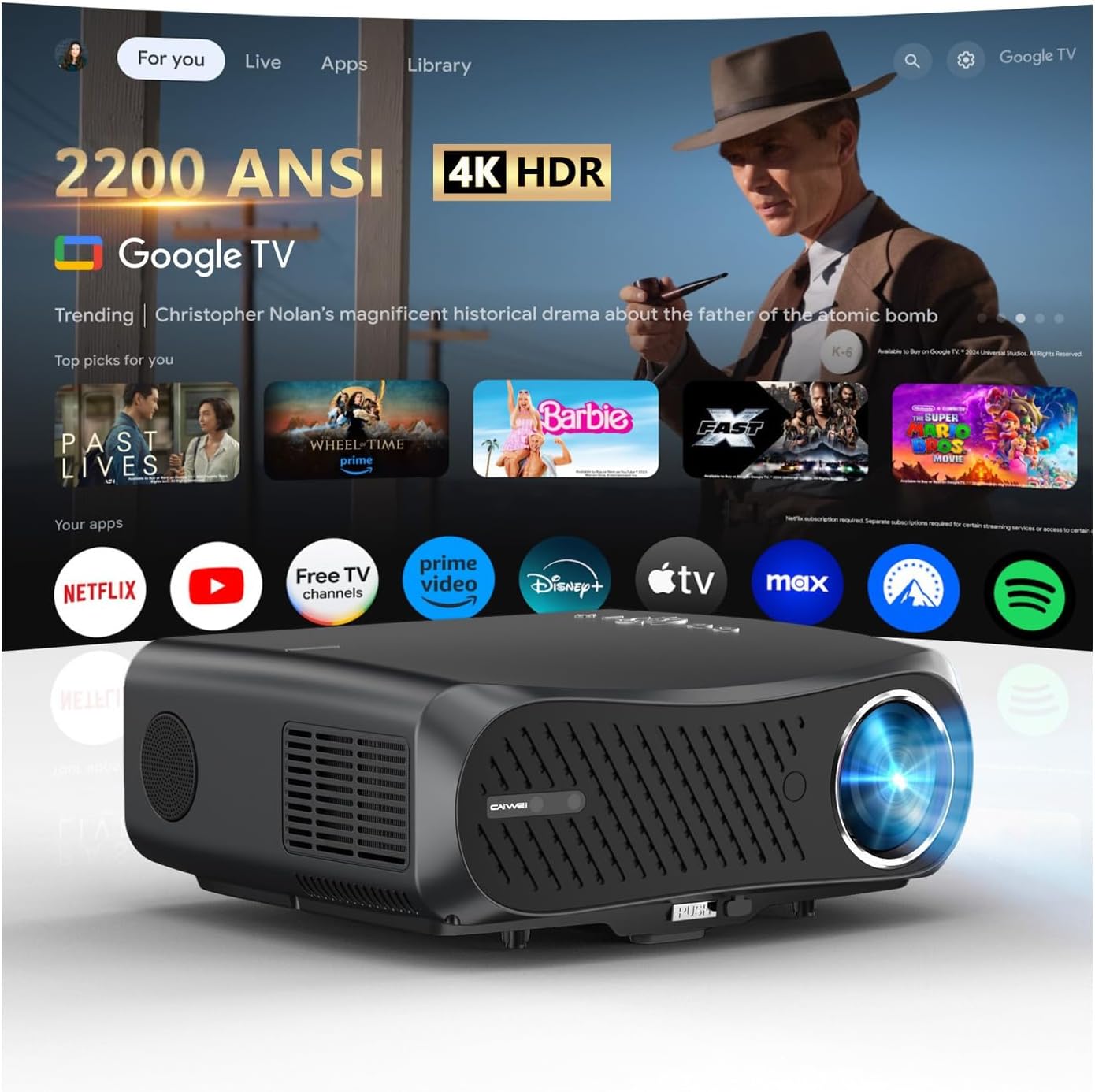 CAIWEI A12AB 4K Ultra HD Google TV Projector for Daylight Viewing, 2025 Upgrade 2200 ANSI Daytime Projector with Short Throw NFC Dolby 2×30W Speakers WiFi Bluetooth for Ceiling Mount Bright Room Home Theater