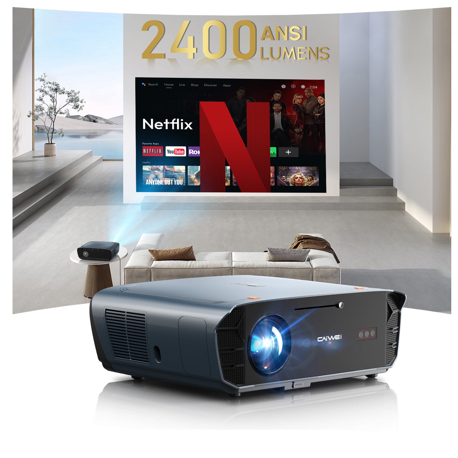 CAIWEI S7+ 4K Projector with 2026 Google TV 【Netflix Certified & Tof+CMOS Auto Focus】4000 ANSI Daytime Smart Projector Wireless NFC, WiFi6, Bluetooth,HDR10+,Dolby Audio,for Home Cinema/Outdoor Movies