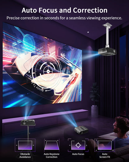 Auto Focus 4K Projector Daytime Karaoke Projectors with Wireless Microphone, 1200ANSI, Built-in Apps 5G WiFi Bluetooth Smart TV Proyector 1080P Full HD WLAN HDMI ARC USB, Ceiling Mount