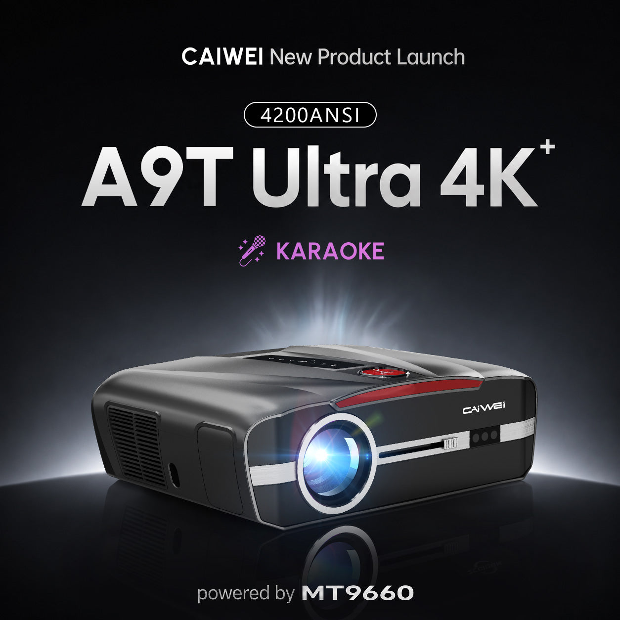 CAIWEI A9T Karaoke Daytime Projector 4200 ANSI 4K Smart Daylight Projector with ToF+CMOS Laser Autofocus, 1.2 Short Throw, HDMI ARC, Android TV Dual Mircophone NFC for Bright Room Home Theater Business