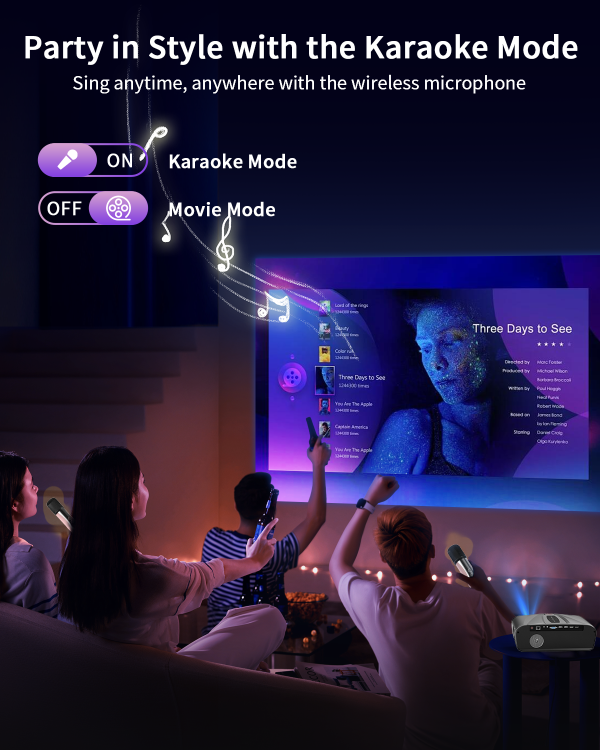 Autofocus & KaraokeProjector 4K Home Theater, 1000 ANSI LED Daylight Projector with Screen and Wireless Microphones, Full HD Smart Video Projector 5G WLAN, Bluetooth, Android TV for Gaming, Party