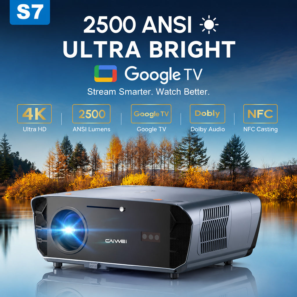 CAIWEI S7+ 4K Projector with 2026 Google TV 【Netflix Certified & Tof+CMOS Auto Focus】2500 ANSI Daytime Smart Projector Wireless NFC, WiFi6, Bluetooth,HDR10+,Dolby Audio, for Home Cinema/Outdoor Movies