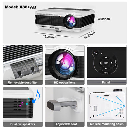 X88+ Best 1080P Home Entertainment Projector with Wireless WiFi Bluetooth, Built-in Streaming Apps Speakers Digital Zoom