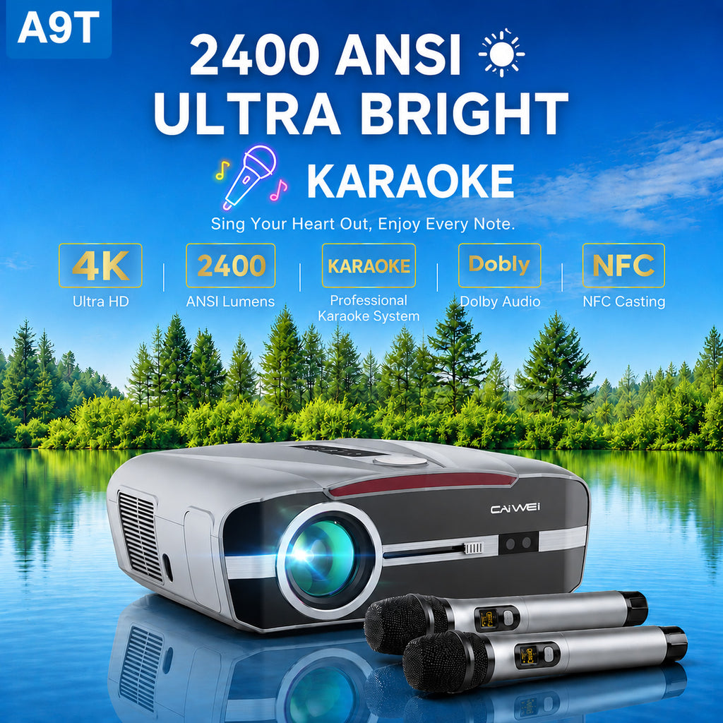 CAIWEI A9T Karaoke Daytime Projector 4200 ANSI 4K Smart Daylight Projector with ToF+CMOS Laser Autofocus, 1.2 Short Throw, HDMI ARC, Android TV Dual Mircophone NFC for Bright Room Home Theater Business