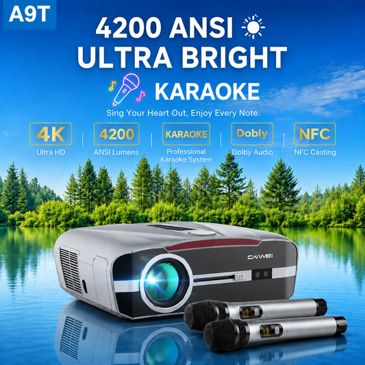CAIWEI A9T Karaoke Daytime Projector 4200 ANSI 4K Smart Daylight Projector with ToF+CMOS Laser Autofocus, 1.2 Short Throw, HDMI ARC, Android TV Dual Mircophone NFC for Bright Room Home Theater Business