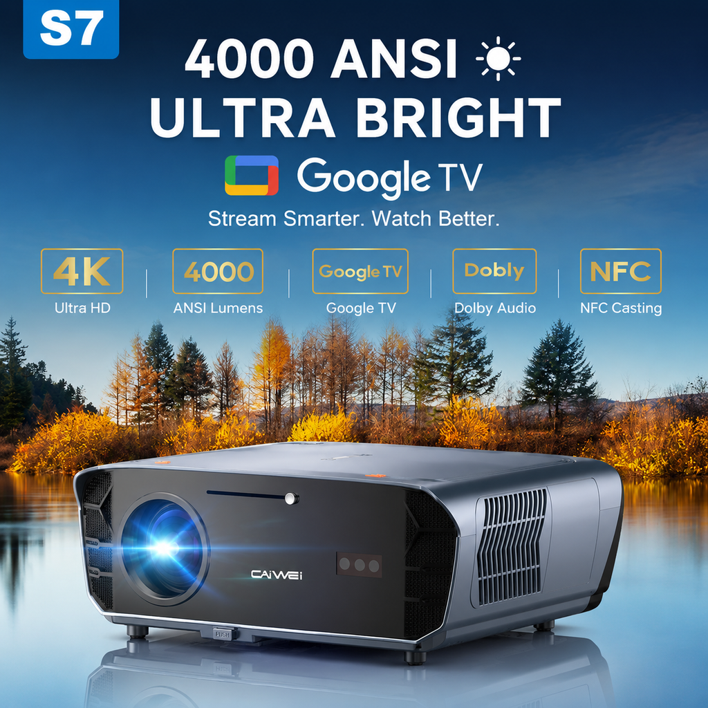 CAIWEI S7+ 4K Projector with 2026 Google TV 【Netflix Certified & Tof+CMOS Auto Focus】4000 ANSI Daytime Smart Projector Wireless NFC, WiFi6, Bluetooth,HDR10+,Dolby Audio,for Home Cinema/Outdoor Movies