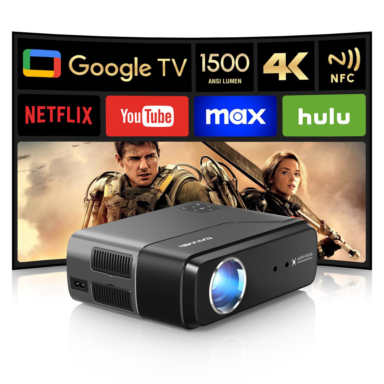 CAIWEI A8+ 4K Google TV Projector with Streaming Apps, Netflix Licensed 1500 ANSI Smart Projector with Wifi and Bluetooth Google Play, HDR, Dolby Audio, NFC, Auto Focus for Home Theater, Indoor, Bedroom