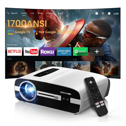 CAIWEI A9S Google TV 1700 ANSI Home Theater Projector with WiFi6 Bluetooth, Dolby Audio, 30W Speaker, ToF Laser Auto Focus & Keystone, NFC Screencast for Gaming Business Outdoor Night