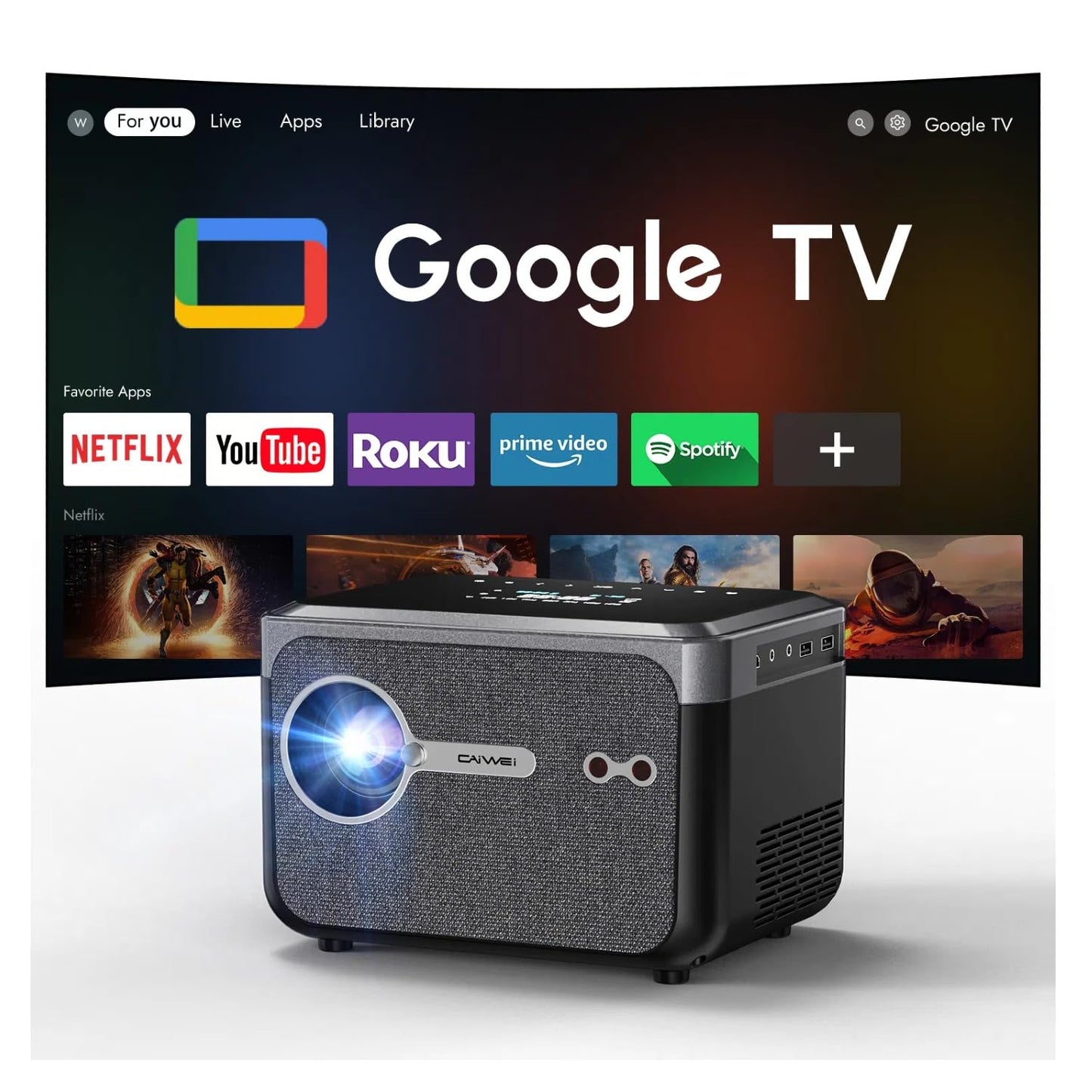 CAIWEI A6TG Portable Smart Projector with Google TV, 4K Ultra HD Projector with Dual Brightness Mode Shorter Throw Dolby Audio NFC Wifi Bluetooth for Home Theater Bedrooms Apartments