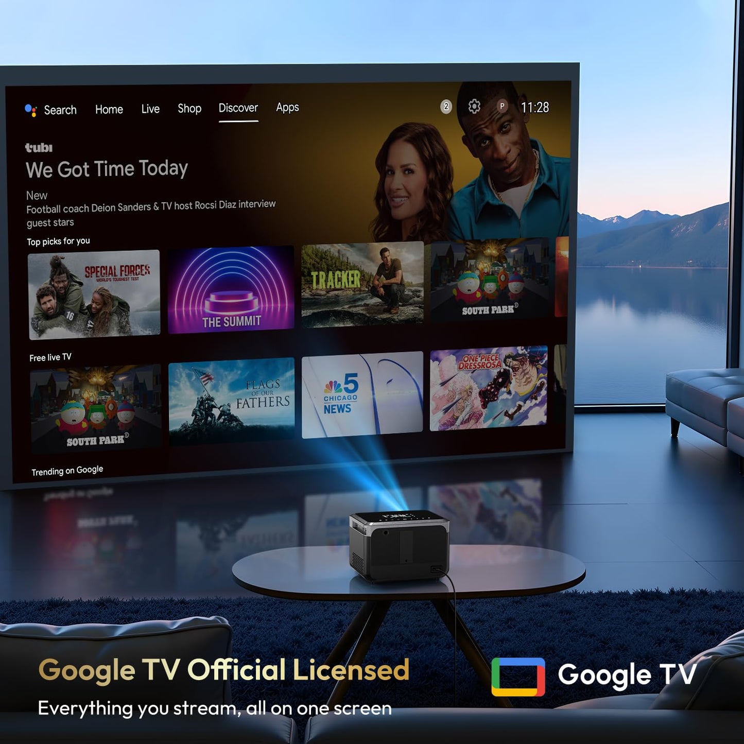 CAIWEI A6TG Portable Smart Projector with Google TV, 4K Ultra HD Projector with Dual Brightness Mode Shorter Throw Dolby Audio NFC Wifi Bluetooth for Home Theater Bedrooms Apartments