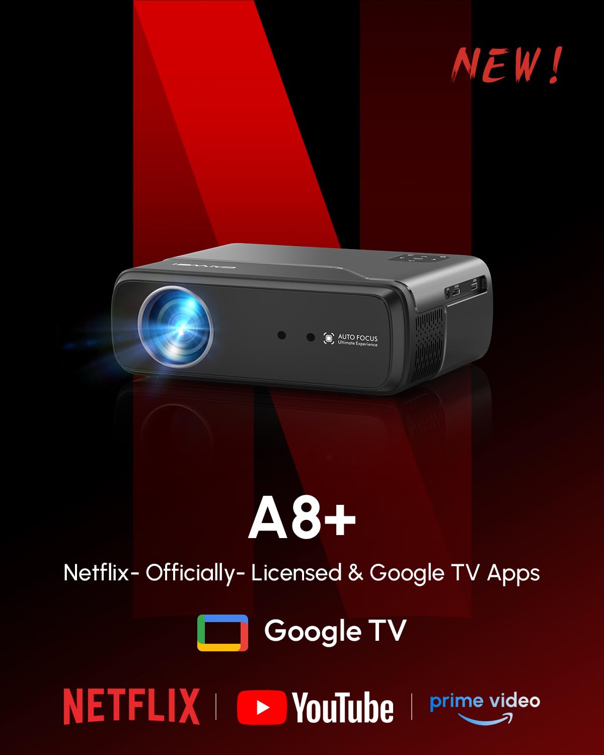 CAIWEI A8+ 4K Google TV Projector with Streaming Apps, Netflix Licensed 1200 ANSI Smart Projector with Wifi and Bluetooth Google Play, HDR, Dolby Audio, NFC, Auto Focus for Home Theater, Indoor, Bedroom