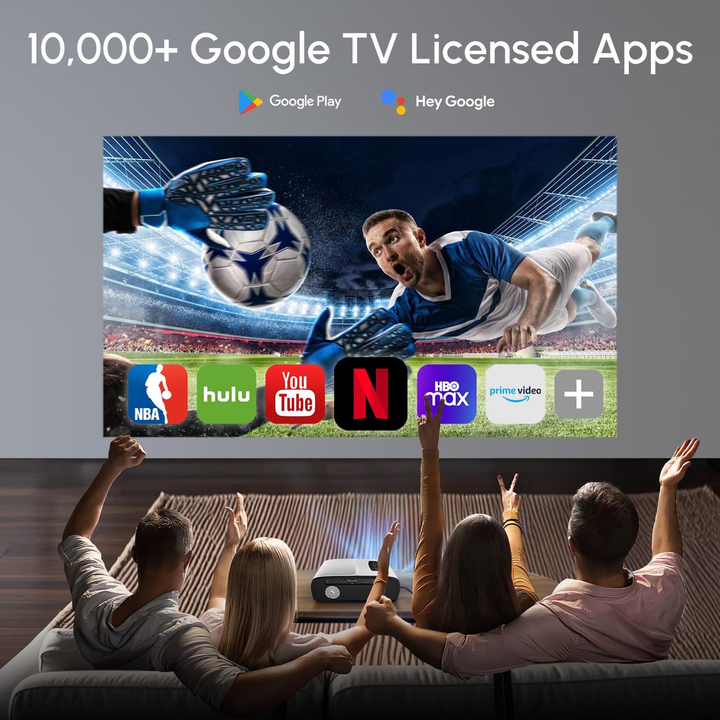 CAIWEI A9S Google TV 1700 ANSI Home Theater Projector with WiFi6 Bluetooth, Dolby Audio, 30W Speaker, ToF Laser Auto Focus & Keystone, NFC Screencast for Gaming Business Outdoor Night