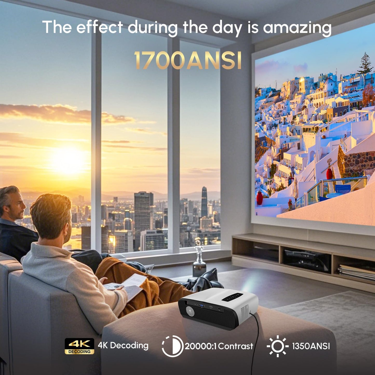 CAIWEI A9S Google TV 1700 ANSI Home Theater Projector with WiFi6 Bluetooth, Dolby Audio, 30W Speaker, ToF Laser Auto Focus & Keystone, NFC Screencast for Gaming Business Outdoor Night