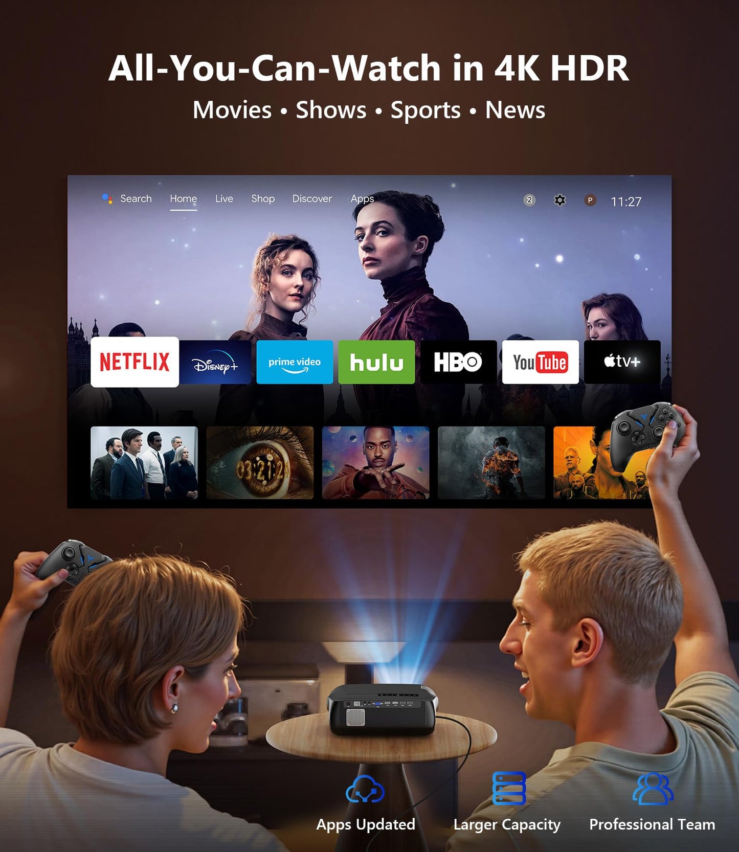 CAIWEI A10R 4K Smart Daytime Projector, 1580ANSI High-Brightness Home Theater Projector with 300" Huge Display, NFC WiFi6 Bluetooth 5.2, 2G+32G Android TV 9.0