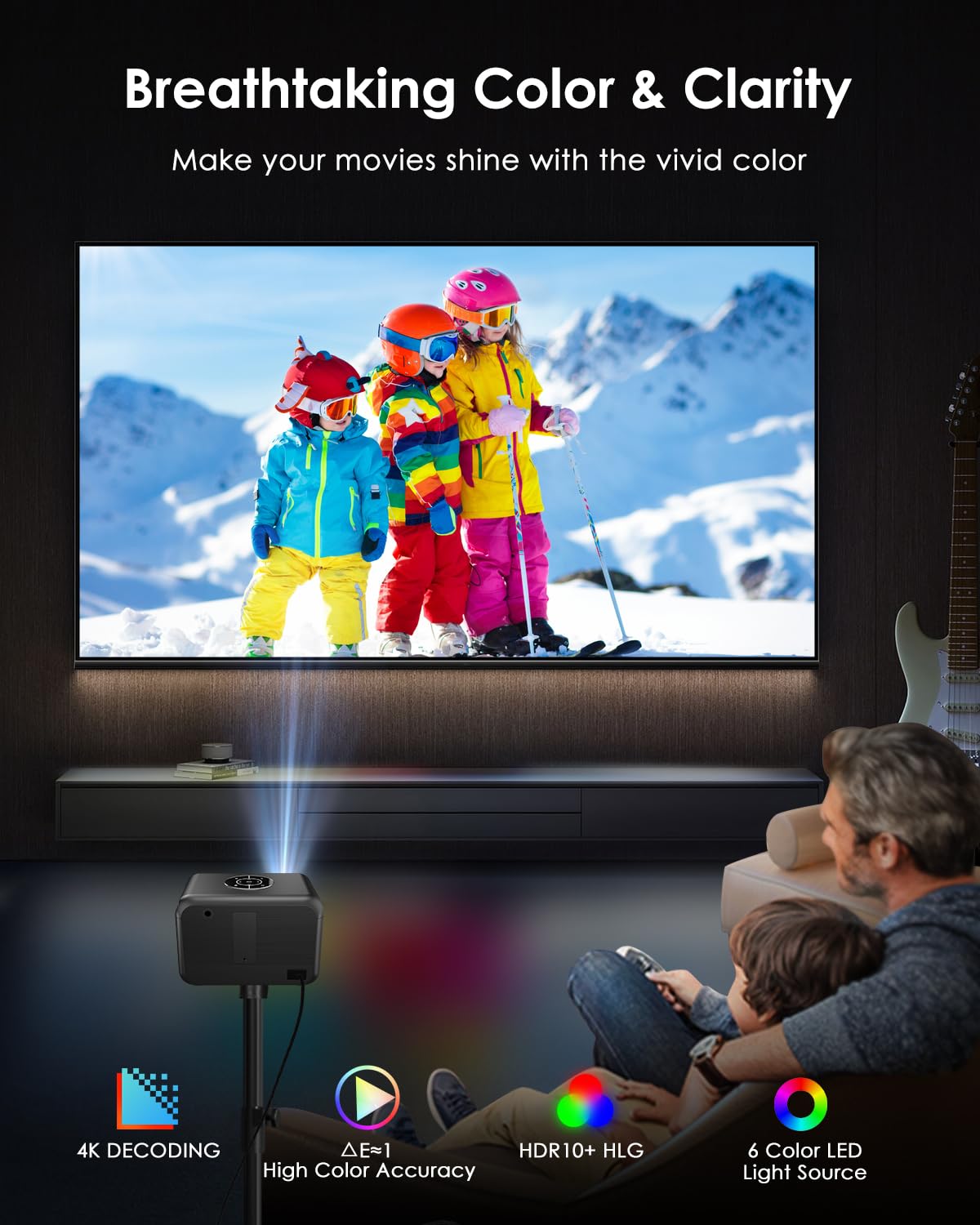 CAIWEI A6T 2025 Portable Movie Projector 4K Indoor Outdoor with NFC, WiFi 6 and Bluetooth 5.4, Netflix Licensed & DoIby Audio, HDMI ARC, Auto Focus/Keystone, Smart Android TV Proyector with Apps YouTube, HDR10+