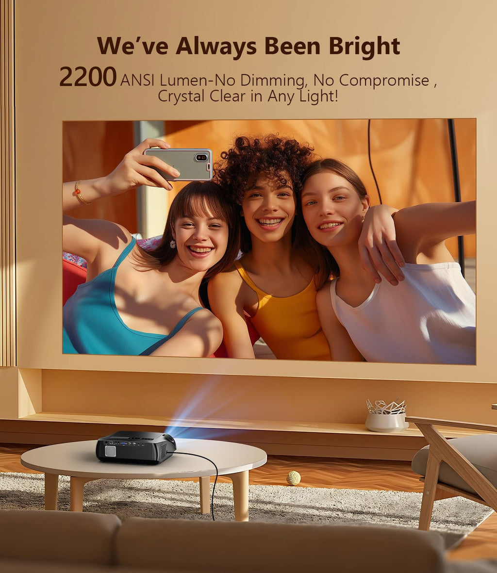 CAIWEI A10R 4K Smart Daytime Projector, 2200ANSI High-Brightness Home Theater Projector with 300" Huge Display, NFC WiFi6 Bluetooth 5.4, 2G+32G Android TV