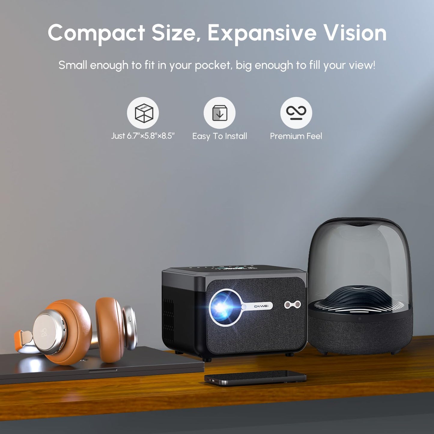 CAIWEI A6TG Portable Smart Projector with Google TV, 4K Ultra HD Projector with Dual Brightness Mode Shorter Throw Dolby Audio NFC Wifi Bluetooth for Home Theater Bedrooms Apartments