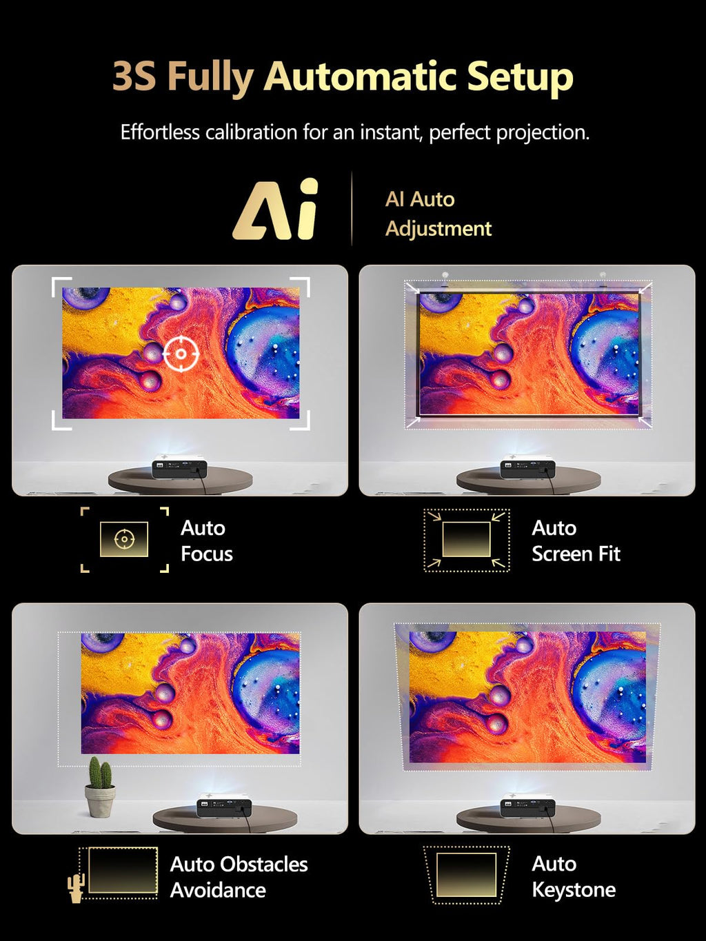 CAIWEI A12AB Smart 4K Daytime Projector with Apps,2200 ANSI Auto Focus Home Theater Projector with WiFi Bluetooth,300" Display HDR Native 1080P LED Android Projectors for TV Outdoor Movie Gaming Ceiling HDMI USB