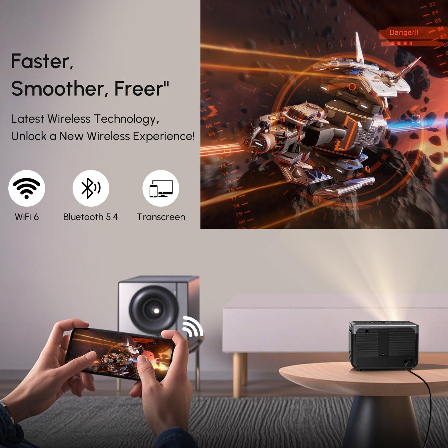 CAIWEI A6TG Portable Smart Projector with Google TV, 4K Ultra HD Projector with Dual Brightness Mode Shorter Throw Dolby Audio NFC Wifi Bluetooth for Home Theater Bedrooms Apartments