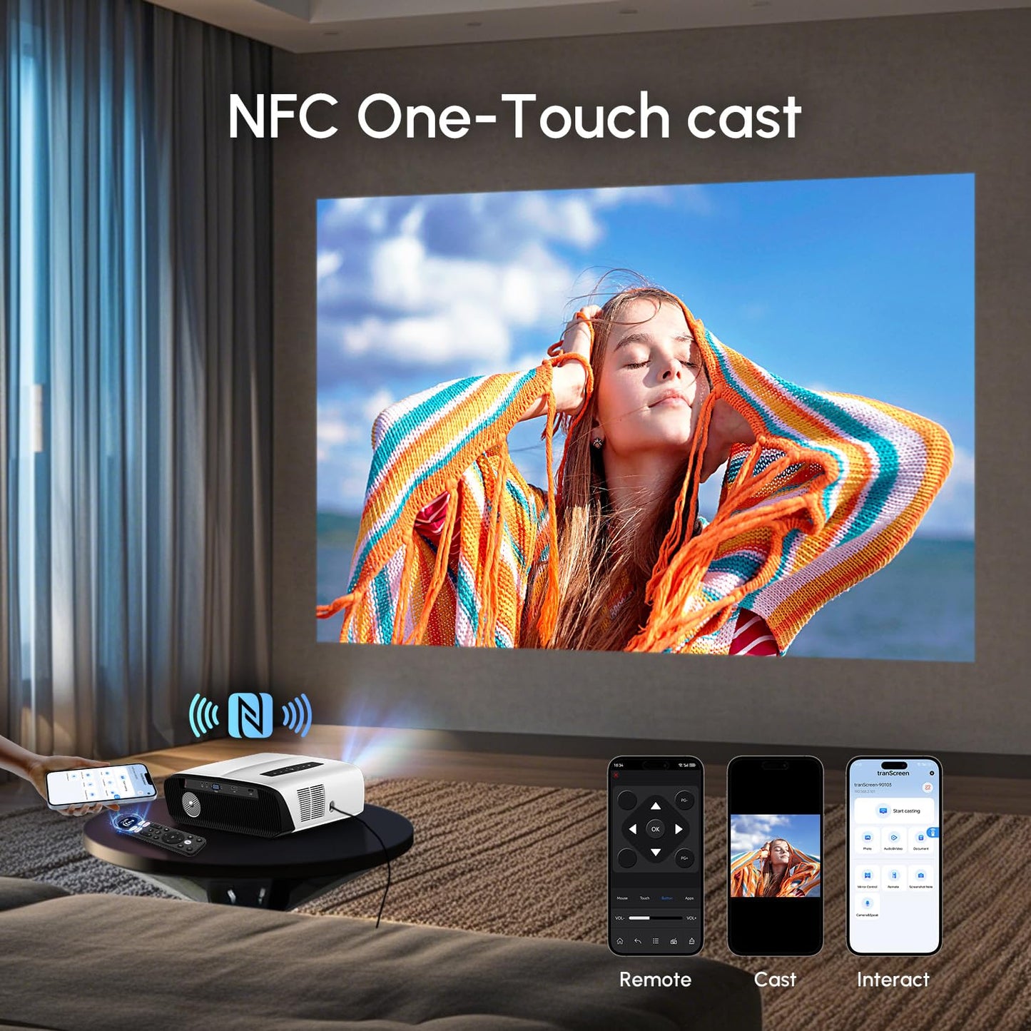 CAIWEI A9S Google TV 1700 ANSI Home Theater Projector with WiFi6 Bluetooth, Dolby Audio, 30W Speaker, ToF Laser Auto Focus & Keystone, NFC Screencast for Gaming Business Outdoor Night