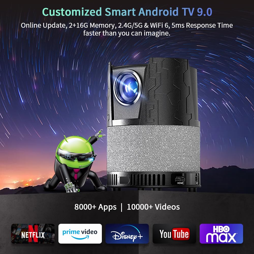 CAIWEI A3+ Portable Projector 4K Support Auto Focus HDR,1080P Ultra HD Mini Smart Home Theater Projector with WiFi 6 Bluetooth,Android TV,50% Zoom,1.12:1 Shorter-Throw,for Bedroom Gaming Outdoor Camping