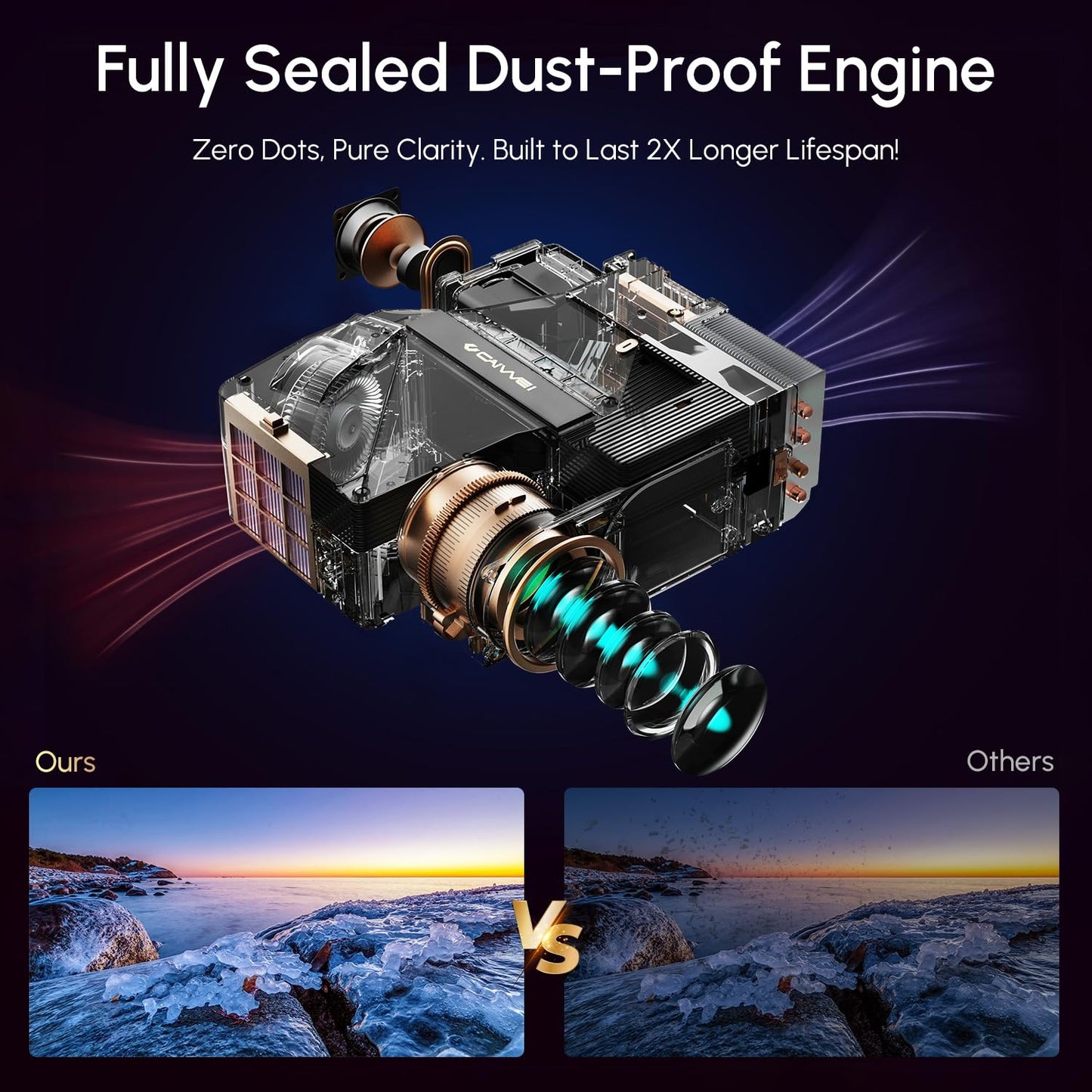 CAIWEI A9S Google TV 1700 ANSI Home Theater Projector with WiFi6 Bluetooth, Dolby Audio, 30W Speaker, ToF Laser Auto Focus & Keystone, NFC Screencast for Gaming Business Outdoor Night