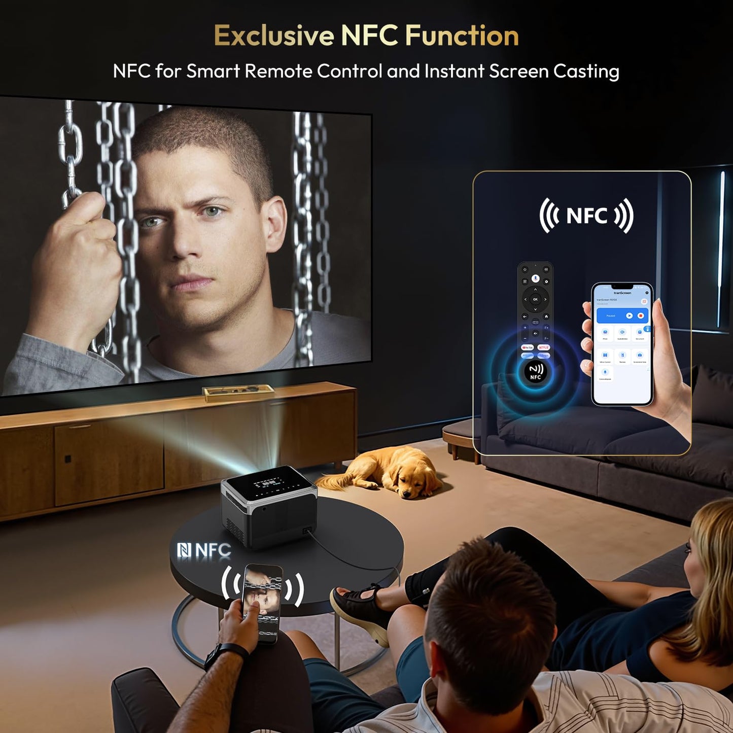 CAIWEI A6TG Portable Smart Projector with Google TV, 4K Ultra HD Projector with Dual Brightness Mode Shorter Throw Dolby Audio NFC Wifi Bluetooth for Home Theater Bedrooms Apartments