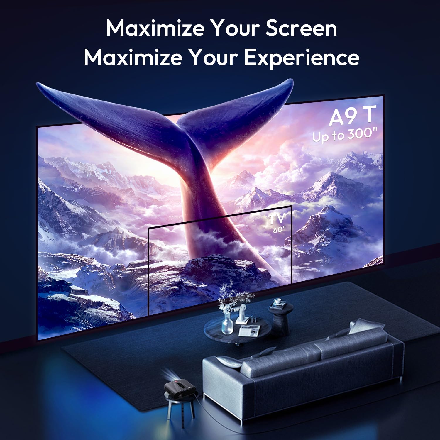 CAIWEI A9T 4K Projector with WiFi and Bluetooth, 1600 ANSI Lumens Daytime Projector with Android TV 9.0