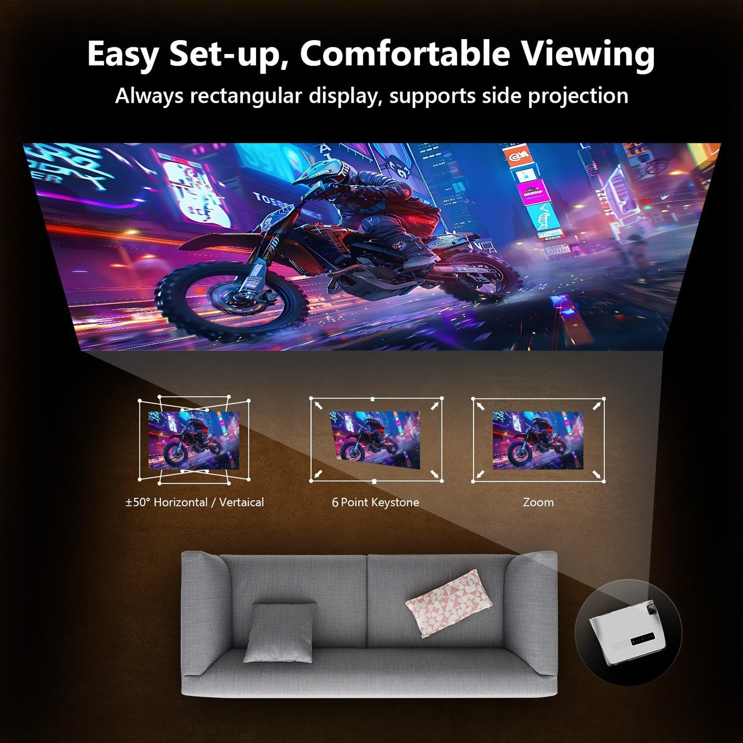 CAIWEI A10R 4K Daytime Projector 1580 ANSI Ultra Bright Smart Projector with NFC Screencast, Home Theater Projector for Daylight Viewing, Wifi and Bluetooth, 50%Zoom, 6D/P Keystone, Dust-Proof, Outdoor Movie