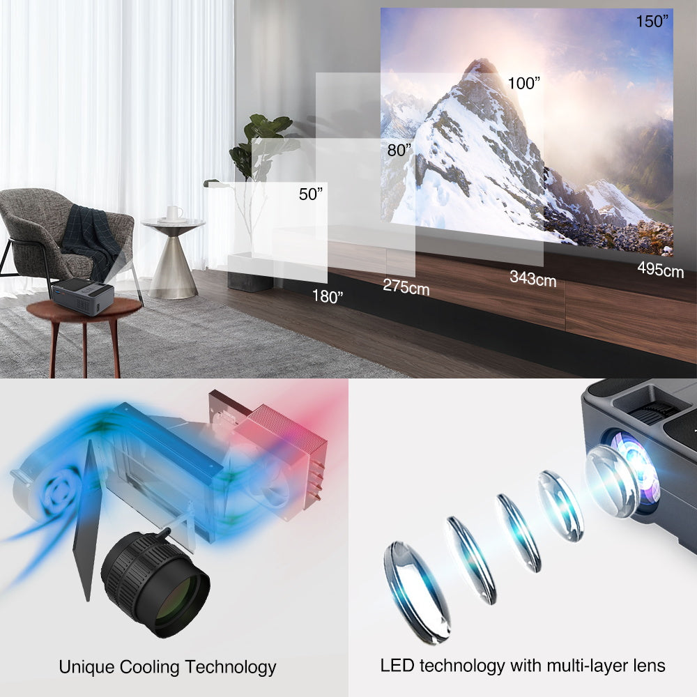 Portable WiFi Projector Bluetooth Mini Video Projector 1080p HD Support Wireless Mirroring for Phone, Android System Smart LED Projector