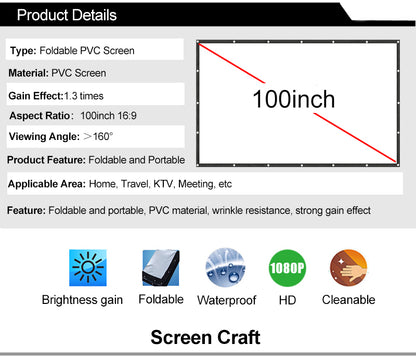 CAIWEI 100'' Portable Projector Screen HD 16:9 PVC for Home Office Outdoor